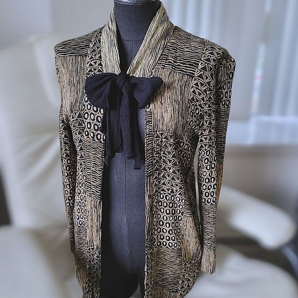 Vtg crêpe abstract print open front long sleeve blouse - Picture 6 of 13